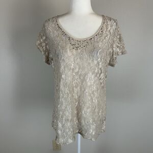 Romantic 3X Lace Blouse Top T-shirt Beaded Embellished Boho Festival Layer Sheer